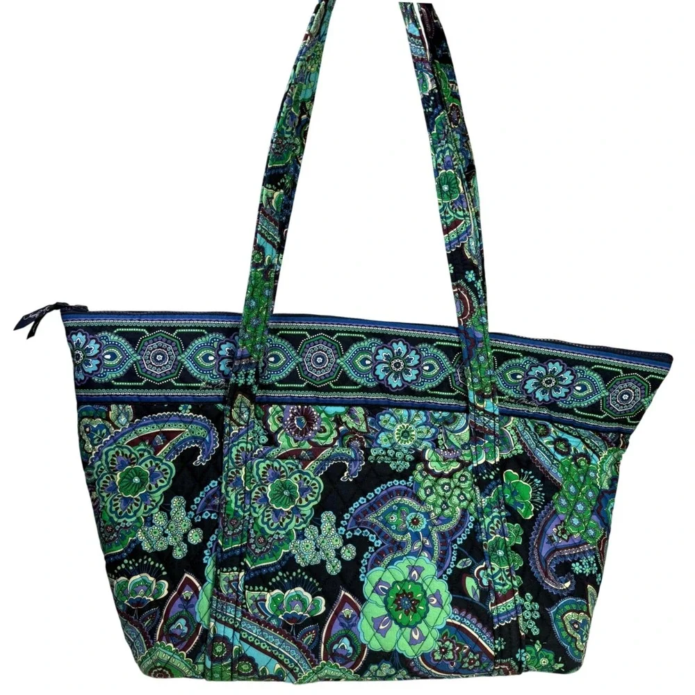 Vera Bradley Quilted Tote Bag Emerald Paisley Print Top Zip Shoulder Bag - Picture 2 of 12